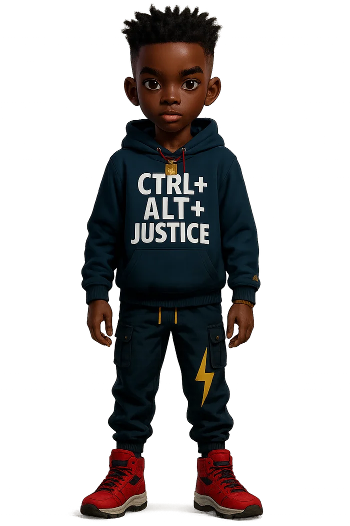 Ty Benton: short textured hair, gold pendant, navy CTRL+ALT+JUSTICE hoodie, red shoes