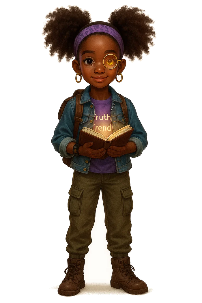 Ellie Thompson: afro puffs, purple headband, gold monocle and hoops, denim jacket, glowing journal