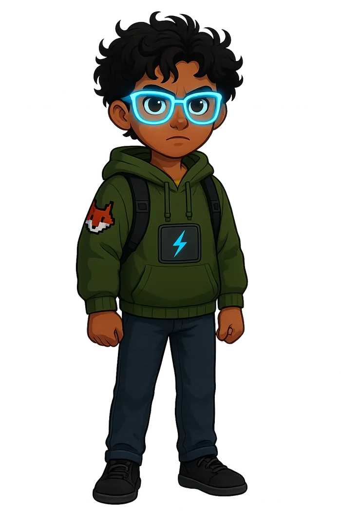 Leo Martinez: curly dark hair, cyan glasses, green hoodie with fox patch, backpack