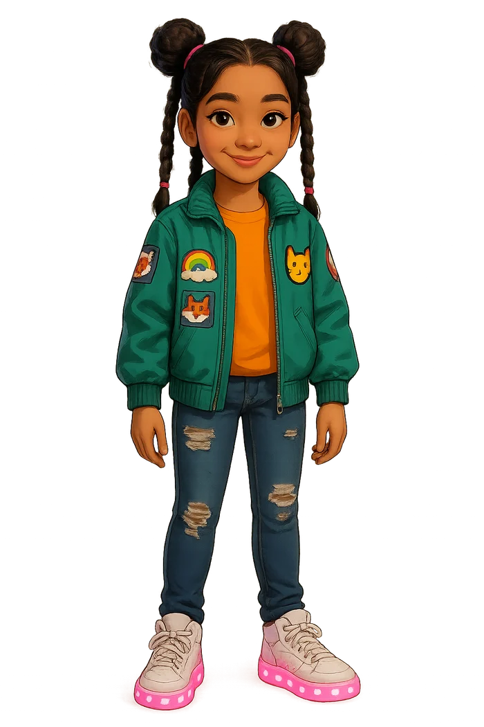 Kiki Delgado: twin buns with braids, teal patched jacket, orange top, pink-lit shoes